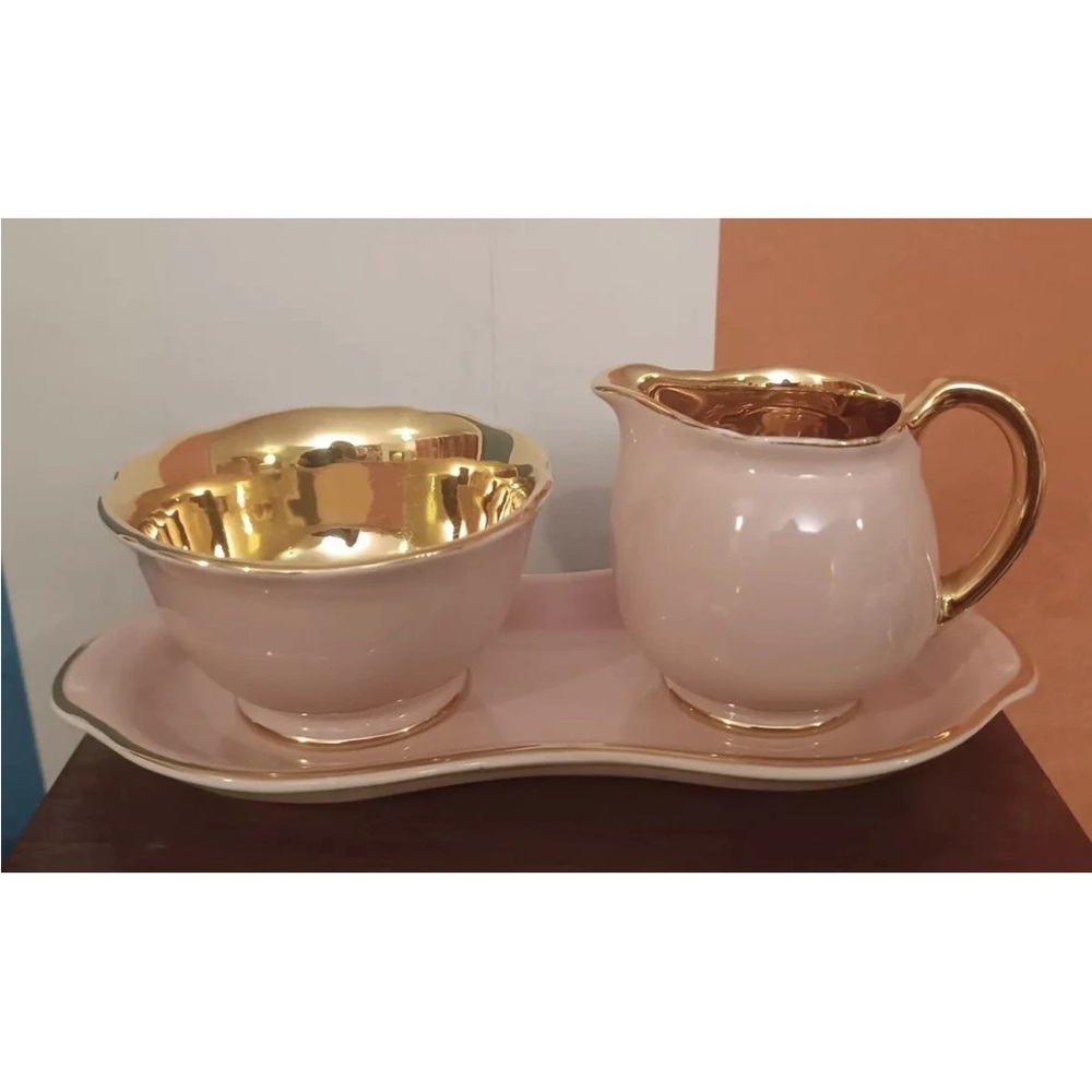 Crown Devon Pink Gold Creamer Cream Sugar Bowl Set Porcelain China Ceramic
